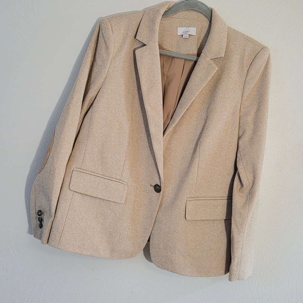 Loft Petites Tan Herringbone Blazer Womens Suede Elbow Patches Sx 12 P Preppy